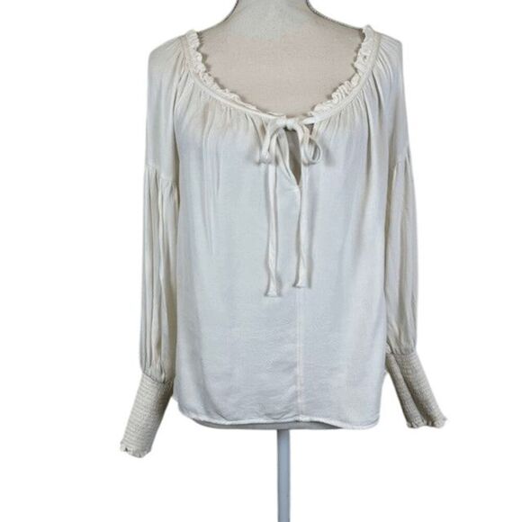 Frame Ivory Blouse Tie Neck Elastic Smocked Balloon Sleeves Oversized Small - Picture 1 of 10
